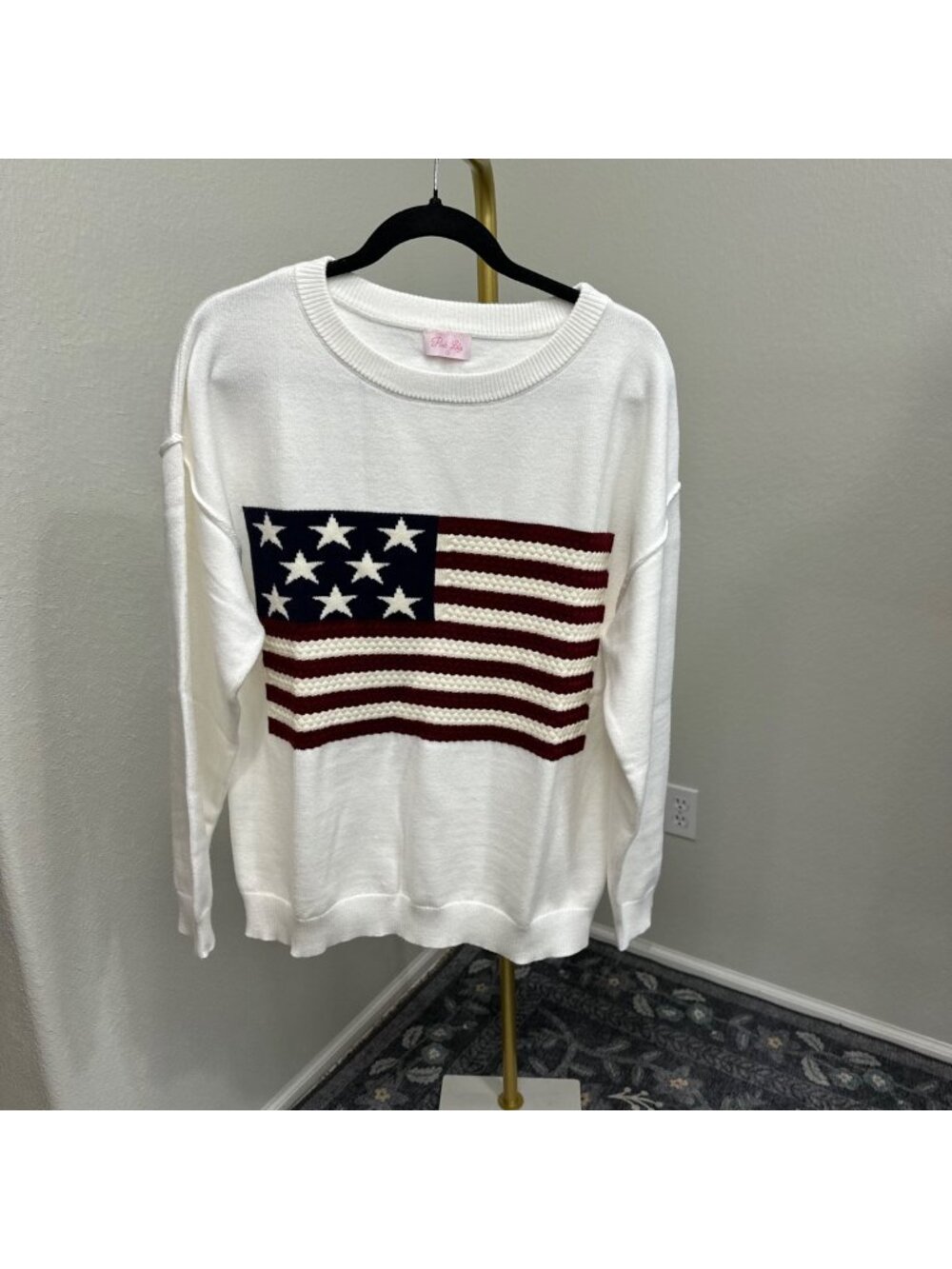 Pink Lily White American Flag Knit Textured Knit Pullover Sweater Womens Small - Picture 1 of 8
